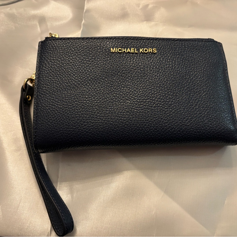 Michael Kors Navy and Gold Wristlet with phone holder